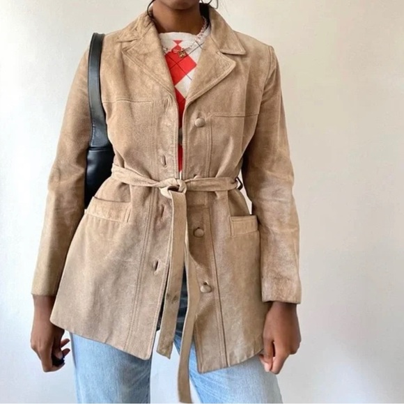 le chateau Jackets & Blazers - Vintage 90s Y2K LE CHATEAU Suede Trench Coat Pigskin Leather Tan Beige XS